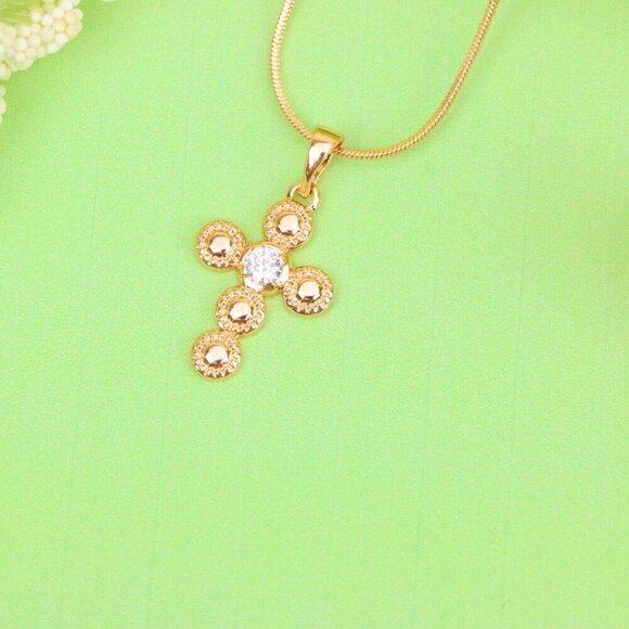 "Rose Gold Cross Pendant with Textured Beads and Center Crystal Stone, XPPT1606 - Picture 12 of 13